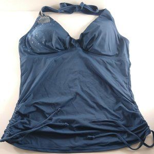 Lole Swimsuit Tankini Top Blue Ruched Tie Sides Flowers Halter Large
